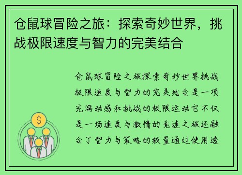 仓鼠球冒险之旅：探索奇妙世界，挑战极限速度与智力的完美结合